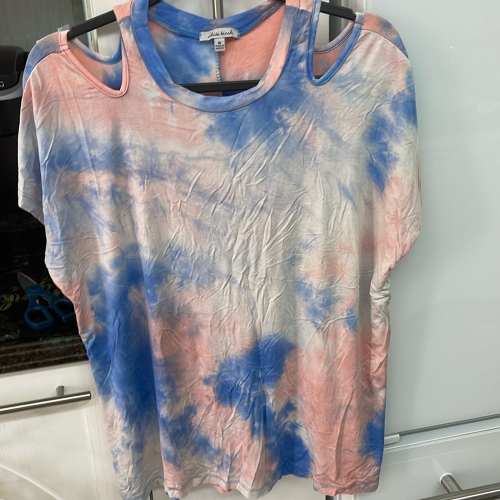 White Birch Tie Dye Pink & Blue Interesting Shoulder Top M